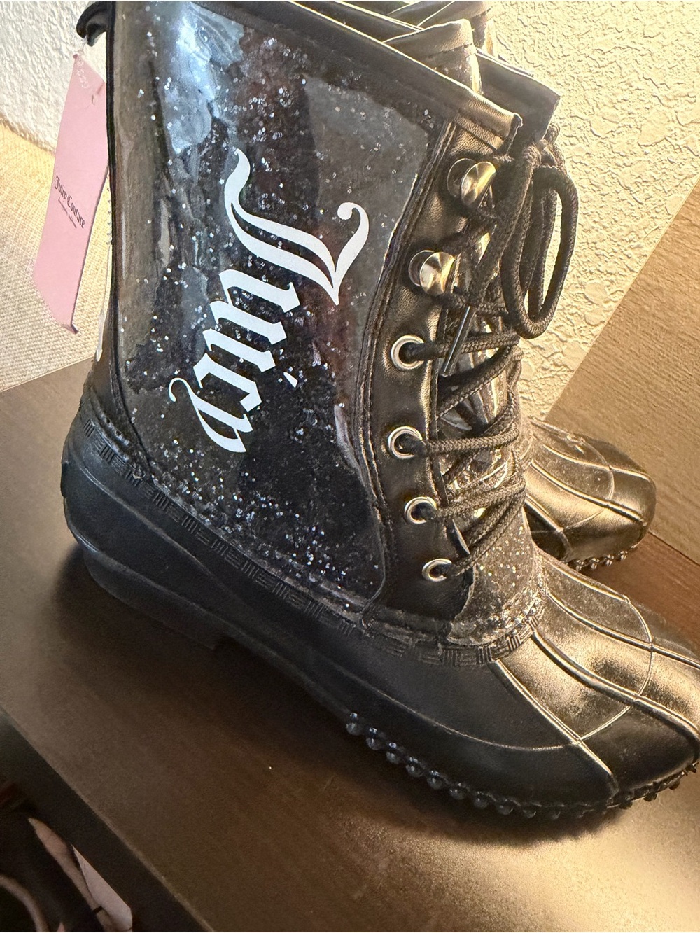 Juicy Couture Black Glitter Lace-Up Women's Rain Boots with White Script Logo